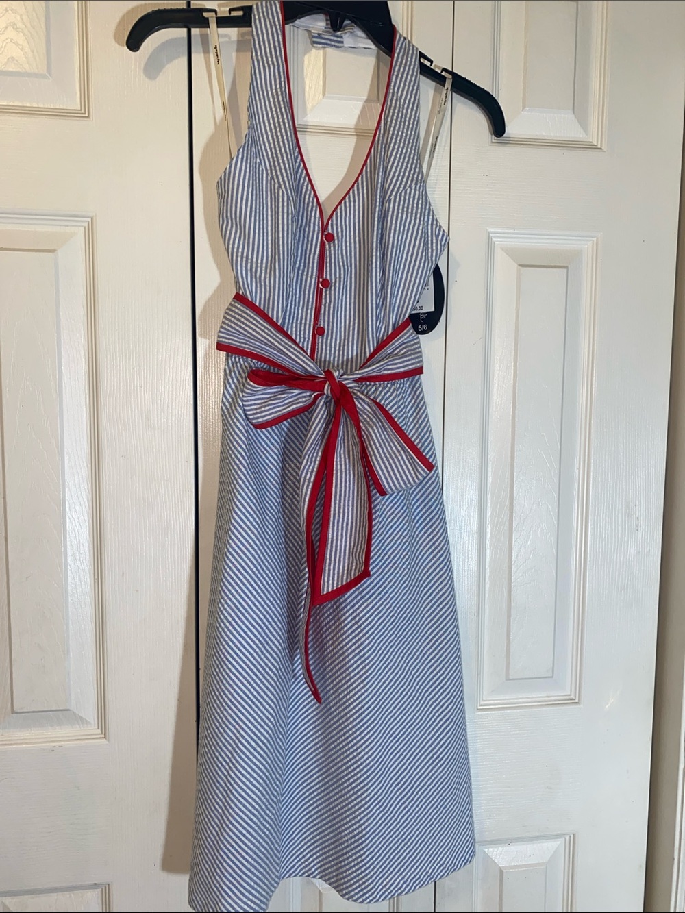 My Michelle Blue-and-White Striped Midi Dress with Red Trim